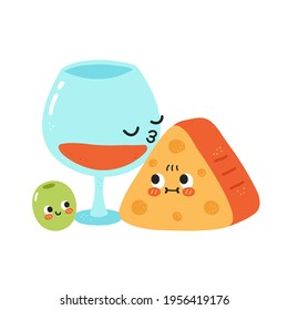 Cute funny wine glass kiss cheese. Vector hand drawn cartoon kawaii character illustration icon. Isolated on white background. Red wine, cheese and olive cartoon character concept