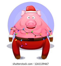 cute funny winter christmas santa pig vector illustration