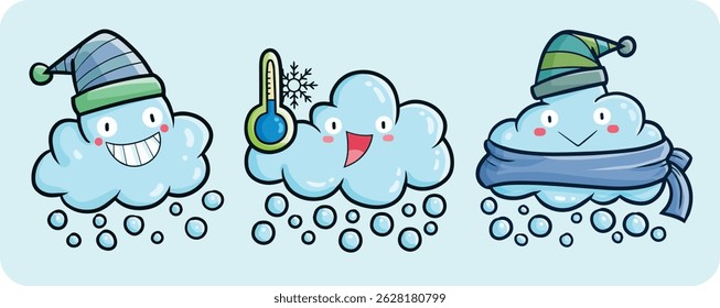 Cute and funny winter clouds cartoon character illustration set