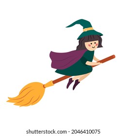 Cute funny Witch flying on a Broomstick .  Cute  illustration, isolated on white. Halloween concept. Good for web  and print.