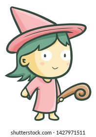 Cute and funny witch with pink wardrobe