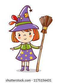 Cute funny witch stand on a white background.Halloween vector character in a cartoon style.