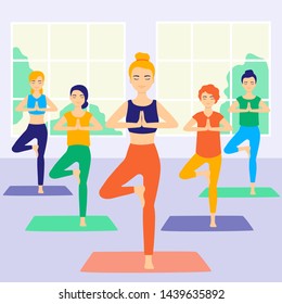 Cute funny women practicing yoga together in room, cartoon stile. Group performing gymnastic exercise. Aerobics class, training, sports activity. Colorful vector illustration