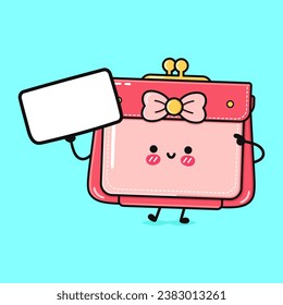 Cute funny Women wallet with poster. Vector hand drawn cartoon kawaii character illustration icon. Isolated on blue background. Women wallet think concept