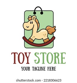 Cute funny wooden rocking horse toy mascot or logo. Toy store sign. 