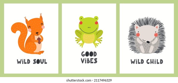 Cute funny woodland animals, squirrel, frog, hedgehog, quotes. Posters, cards collection. Hand drawn wildlife vector illustration. Scandinavian style flat design. Concept kids fashion, textile print.