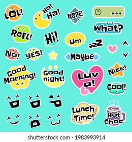 Cute and Funny Words and Emoticons Outlined Sticker Set