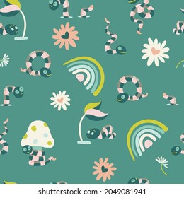Cute Funny Worms in Nature Vector Seamless Kids Pattern