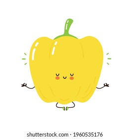 Cute funny yellow bell pepper character meditate. Vector hand drawn cartoon kawaii character illustration icon. Isolated on white background. Yellow bell pepper character concept