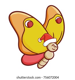 Cute and funny yellow butterfly wearing Santa's hat and smiling - vector