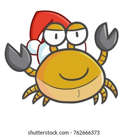 Cute and funny yellow crab wearing Santa's hat for Christmas and smiling - vector.