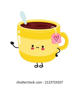 Cute funny yellow cup of tea waving hand character.Vector hand drawn cartoon kawaii character illustration icon.Isolated on white background.Olive character emoji,child, face,adorable,kids,drink