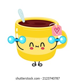 Cute funny yellow cup of tea character dumbbells.Vector hand drawn cartoon kawaii character illustration icon.Isolated white background. Yellow cup of tea character gym emoji,child,face,adorable,kids