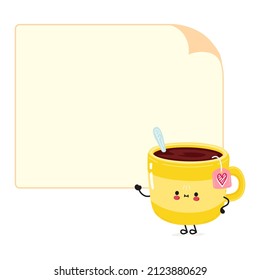 Cute funny yellow cup of tea character with speech bubble. Vector hand drawn cartoon kawaii character illustration icon. Isolated on white background. Happy yellow cup of tea character concept