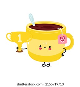 Cute funny yellow cup of tea hold gold trophy cup. Vector hand drawn cartoon kawaii character illustration icon. Isolated on white background. Yellow cup of tea with winner trophy cup