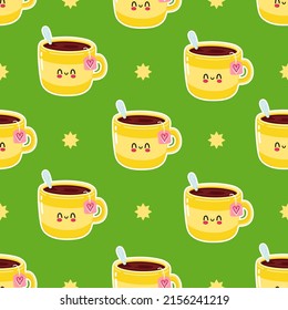 Cute funny yellow cup of tea pattern character. Vector hand drawn cartoon kawaii character illustration icon. Isolated on white background. Yellow cup of tea character concept