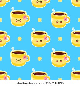 Cute funny yellow cup of tea blue pattern character. Vector hand drawn cartoon kawaii character illustration icon. Isolated on white background. Happy yellow cup of tea pattern character concept