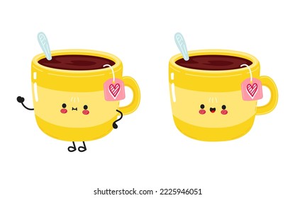 Cute funny yellow cup of tea waving hand character. Vector hand drawn cartoon kawaii character illustration icon. Isolated on white background. Happy yellow cup of tea character concept