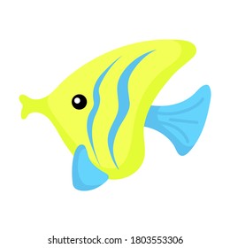 Bonita impresión de peces amarillos sobre fondo blanco. Caricatura oceánica animal para el diseño de álbum, scrapbook, tarjeta de saludo, invitación, decoración de pared. Ilustración plana del material vectorial de color.