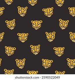 Cute funny yellow leopard faces. Abstract, quirky cartoon style. Hand drawn illustration. Seamless Pattern on black background, wallpaper. Repeating design element for printing