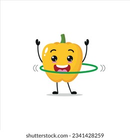 Cute and funny yellow paprika doing hula hoop. Vegetable doing fitness or sports exercises. Happy character working out vector illustration.