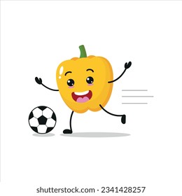 Cute and funny yellow paprika play football. Vegetable doing fitness or sports exercises. Happy character soccer working out vector illustration.