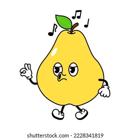 Cute funny yellow pear walking singing character. Vector hand drawn traditional cartoon vintage, retro, kawaii character illustration icon. Isolated white background. Yellow pear walk sing character