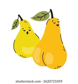 Cute funny yellow pears in a simple style. Female figure of pear type. Hand drawn vector illustration. Self-confidence concept.