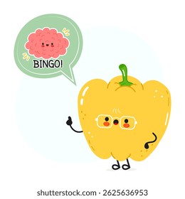 A cute and funny Yellow Pepper character wearing glasses, celebrating a winning idea with a brain.