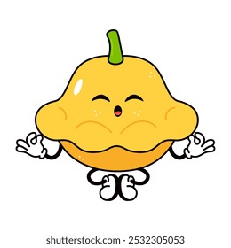 Cute funny Yellow squash doing yoga character. Vector hand drawn traditional cartoon vintage, retro kawaii character illustration icon. Isolated white background. Yellow squash character concept