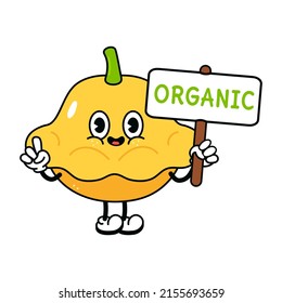Cute funny yellow squash with an inscription organic character. Vector hand drawn traditional cartoon vintage, retro, kawaii character illustration icon. Isolated background. Yellow squash character