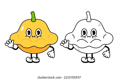 Cute funny yellow squash waving hand character outline cartoon illustration for coloring book. Vector yellow squash hand drawn traditional cartoon vintage, retro, character. Isolated white background