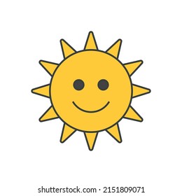 Cute funny yellow sun smiling character with bright beams pop art t shirt print design vector cartoon illustration. Comic sunny happy summer heat weather symbol isolated. Funky natural sunlight