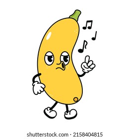 Cute lustige gelbe Gemüsemarrow laufen singen. Vektor handgezeichnet traditionellen Cartoon Vintage, Retro, kawaii Illustrationssymbol. Einziger Hintergrund. Happy-Gemüsemarrow-Sing-Charakter