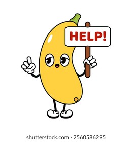 Cute funny Yellow vegetable marrow with inscription help character. Vector hand drawn traditional cartoon vintage, retro, kawaii icon. Isolated white background. Happy Yellow vegetable marrow