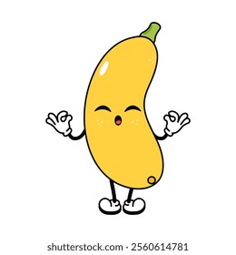 Cute funny Yellow vegetable marrow doing yoga character. Vector hand drawn traditional cartoon vintage, retro kawaii character illustration icon. Isolated white background. Yellow vegetable marrow