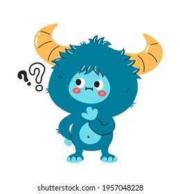 Cute funny yeti monster character with question marks. Vector hand drawn cartoon kawaii character illustration icon. Isolated on white background. Yeti, Bigfoot baby cartoon character concept