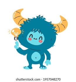 Cute funny yeti monster character with idea light bulb. Vector hand drawn cartoon kawaii character illustration icon. Isolated on white background. Yeti, Bigfoot baby cartoon character concept