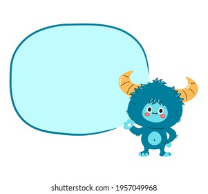 Cute funny yeti monster character with comic text box. Vector hand drawn cartoon kawaii character illustration icon. Isolated on white background. Yeti, Bigfoot baby cartoon character concept