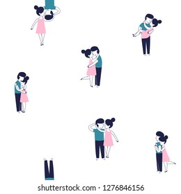 Cute funny young couple in love hugging and kissing seamless background pattern on white for Happy Valentine's Day. Doodle line style design. Vector illustration .