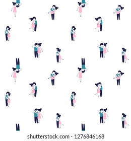 Cute funny young couple in love hugging and kissing seamless background pattern on white for Happy Valentine's Day. Doodle line style design. Vector illustration .