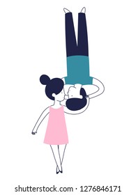 Cute funny young couple in love hugging and kissing greeting card for Happy Valentine's Day. Doodle line style design. Vector illustration.