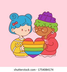 Cute funny young lesbian girls hold rainbow heart. Vector cartoon character illustration icon design.Isolated on white background. Lgbtq+, lesbian couple concept