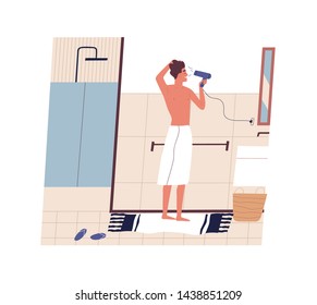 Cute funny young man standing in front of mirror and drying his hair with hairdryer. Happy guy using blow dryer in bathroom. Morning routine, daily procedure. Flat modern cartoon vector illustration.