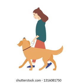 Cute funny young woman dressed in casual clothes walking dog on leash. Lovely girl performing recreational activity with her pet or domestic animal. Colored vector illustration in flat cartoon style.