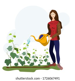 Cute funny young woman with watering can taking care of plants.