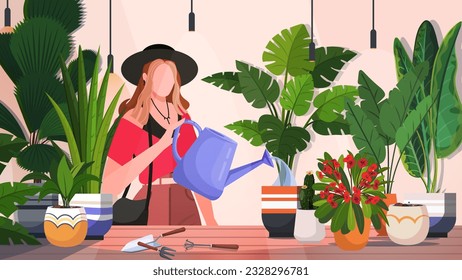 Cute funny young woman with watering can taking care of houseplants growing in pots or planters in a cozy home atmosphere. Character enjoy gardening. Modern agricultural hobby, urban farming.