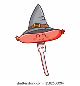 Cute and funny yummy sausage wearing witch hat for Halloween - vector.