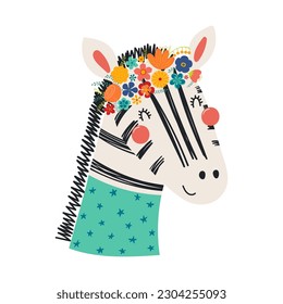 Cute funny zebra in floral wreath, t-shirt. Hand drawn cartoon character illustration. Scandinavian style flat design, isolated vector. Kids print element, flower crown, summer blooms, blossoms