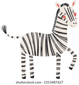 Cute funny zebra with one leg up cartoon character illustration. Hand drawn Scandinavian style flat design, isolated vector. Tropical animal, jungle wildlife, safari, nature, kids print element